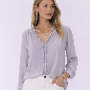 Honey Punch Beaded Lavender/Grey Blouse V-Neck Small Dressy Officecore Datenight
